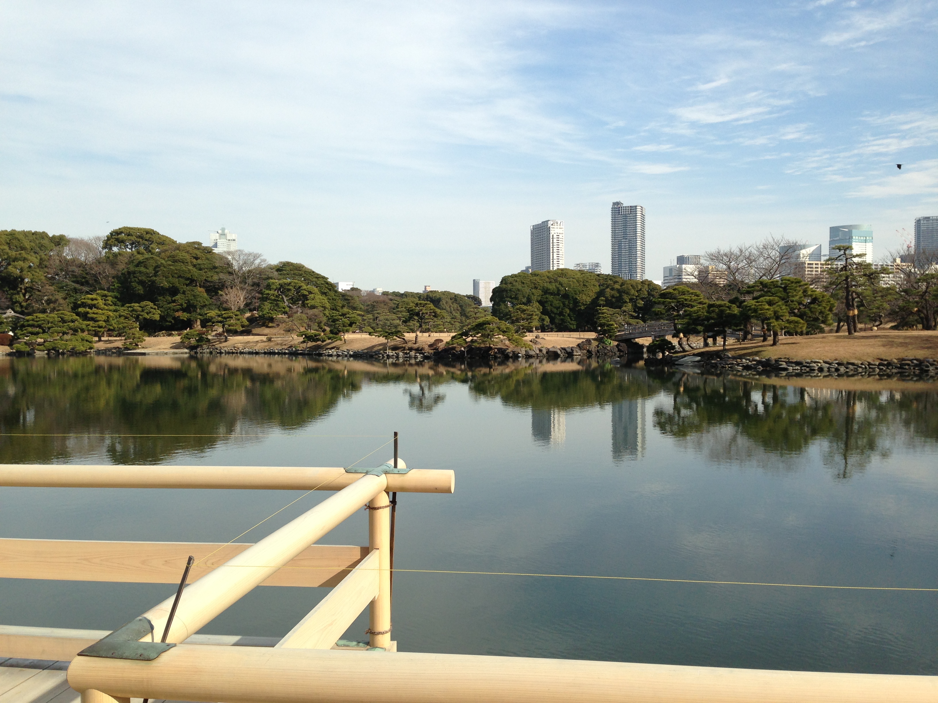 Puente de madera de la casa de té en el lago en los jardines de Hamarikyu
