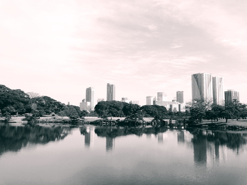 Vista desde el puente de madera hacia la casa de té en los jardines de Hamarikyu