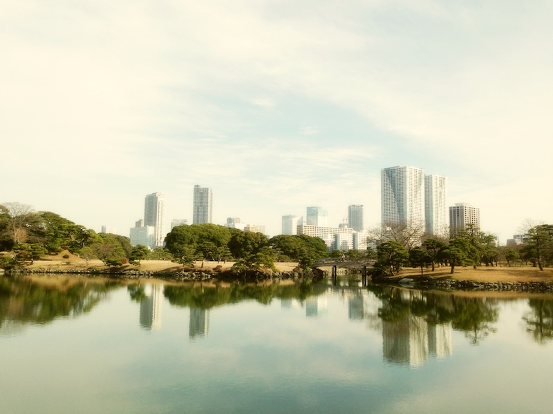 Vista desde el puente de madera hacia la casa de té en los jardines de Hamarikyu