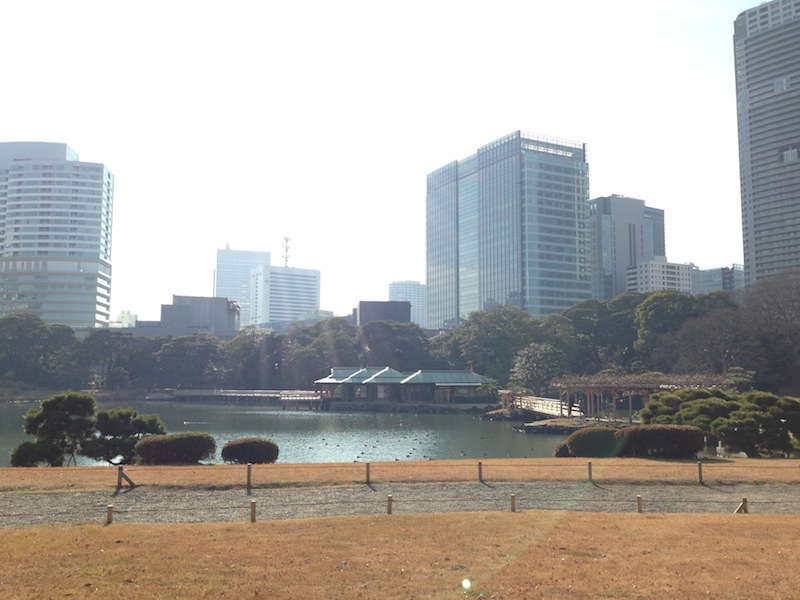 Vista de la casa de té de los jardines de Hamarikyu